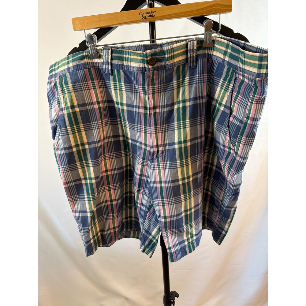 St. Johns Bay Mens 44 Big Plaid Cotton Flat Front Shorts Blue Green Pink